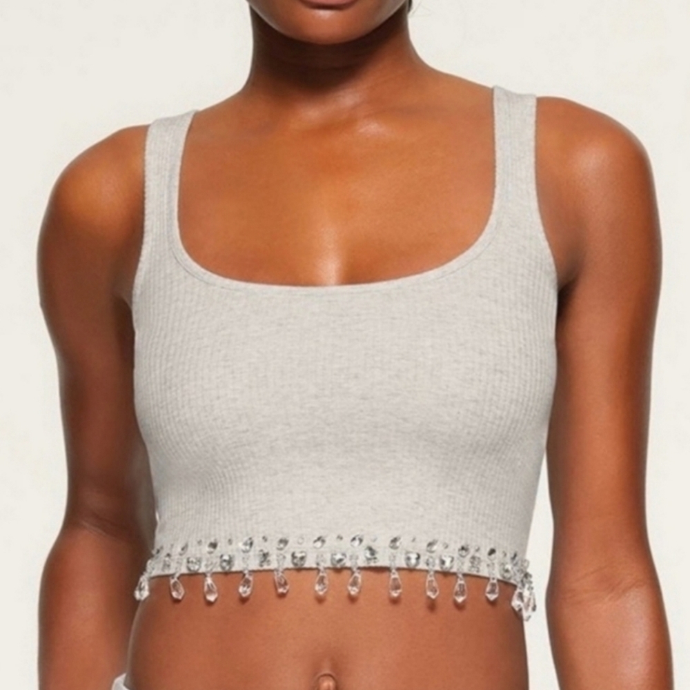SKIMS Gray Cropped Tank Top with Crystal Trim